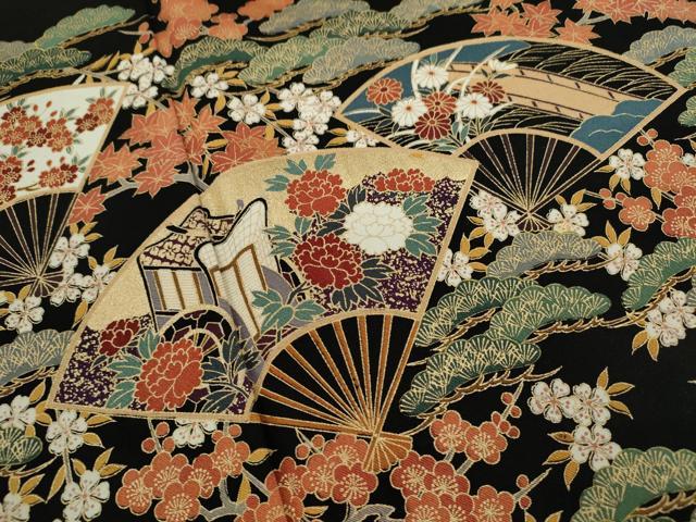 平和屋着物■豪華黒留袖 扇面吉祥花文 金彩 正絹 逸品 CABG2003ze
