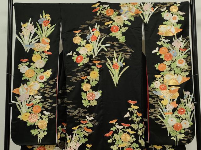 平和屋本店●中国三大刺繍 相良刺繍 お引きずり 引き振袖 和装 結婚式 舞妓 芸妓 芸者 衣装 駒刺繍 総刺繍 鴛鴦草花文 黒地 金糸CABG2065ze