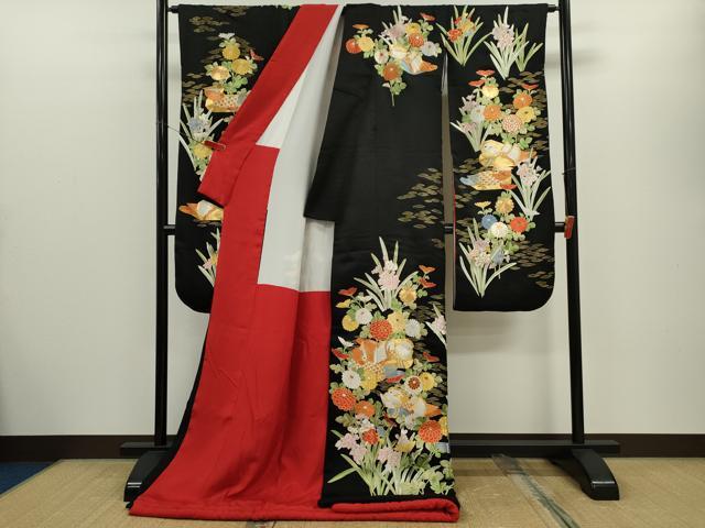 平和屋本店●中国三大刺繍 相良刺繍 お引きずり 引き振袖 和装 結婚式 舞妓 芸妓 芸者 衣装 駒刺繍 総刺繍 鴛鴦草花文 黒地 金糸CABG2065ze