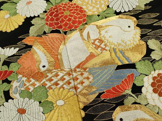 平和屋本店●中国三大刺繍 相良刺繍 お引きずり 引き振袖 和装 結婚式 舞妓 芸妓 芸者 衣装 駒刺繍 総刺繍 鴛鴦草花文 黒地 金糸CABG2065ze