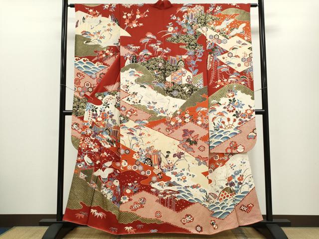 平和屋着物●豪華振袖 駒刺繍 御所車飛鶴吉祥花文 金彩 正絹 逸品 CABG2136ze