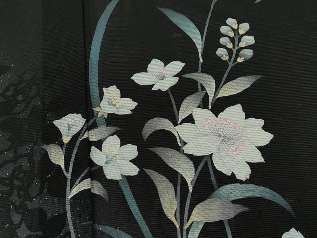平和屋着物*夏物 訪問着 絽 草花文 暈し染め 黒地 金彩 正絹 逸品 CABG2255ze