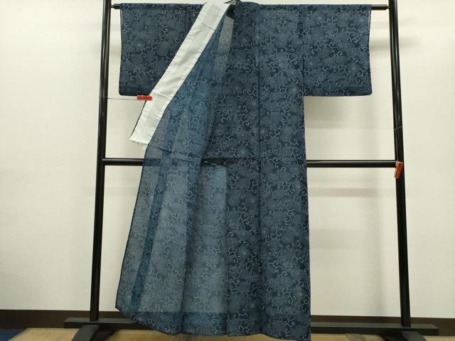 平和屋着物*夏物 小紋 絹紅梅 藍 型染め 花唐草文 正絹 逸品 CABG2294ze