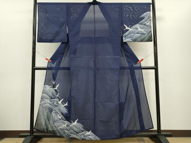 平和屋着物*夏物 訪問着 絽 飛鶴立波鹿の子文 洗える着物 CABG2299ze