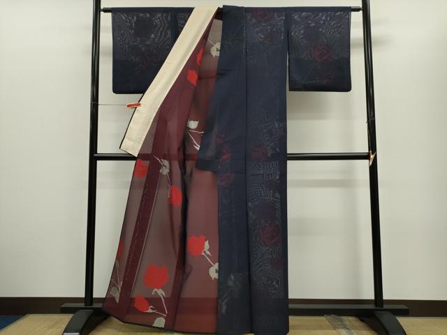 平和屋着物*夏物 小紋 紗 バラ 銀糸 正絹 逸品 CABG2369ze