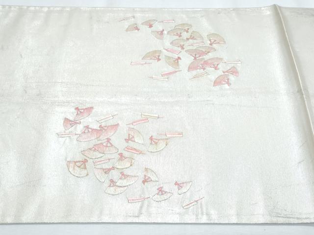 平和屋着物◎太鼓柄袋帯 総刺繍 扇面文 銀糸 正絹 逸品 CABG2405th