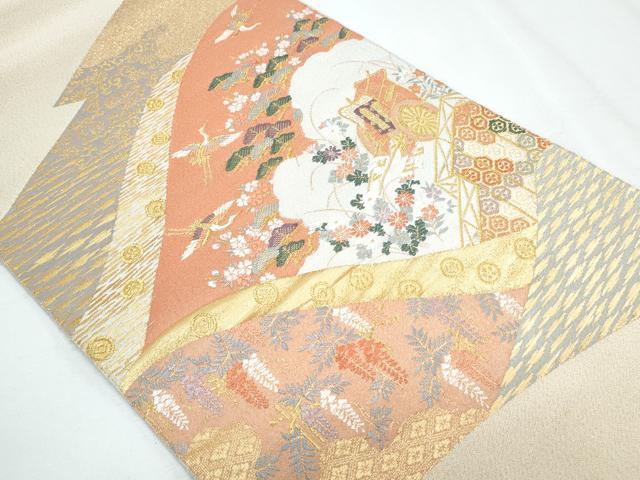 平和屋着物◎西陣 橋本テル織物謹製 太鼓柄袋帯 綴れ 御所車飛鶴花文 金糸 正絹 逸品 CABG2419th