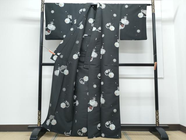 平和屋着物▽小紋 単衣 千鳥 雪輪花文 黒地 洗える着物 CABG2439th