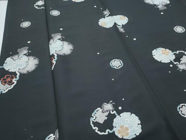 平和屋着物▽小紋 単衣 千鳥 雪輪花文 黒地 洗える着物 CABG2439th