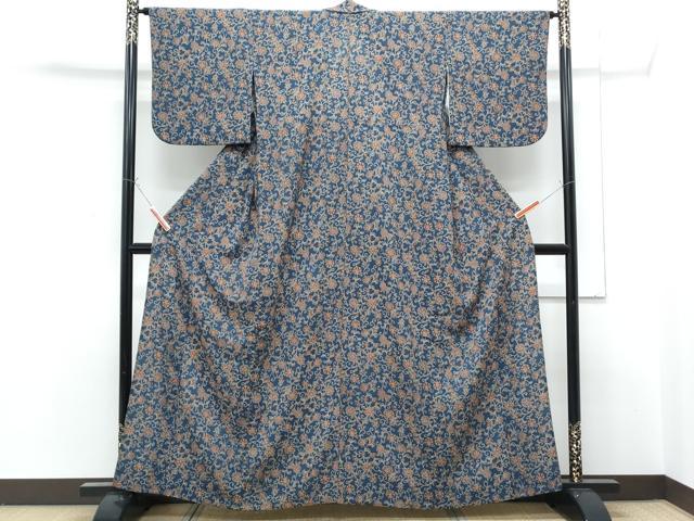 平和屋着物▽上質な小紋 単衣 更紗花文 鬼しぼ縮緬 正絹 逸品 CABG2441th