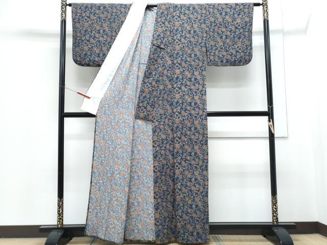 平和屋着物▽上質な小紋 単衣 更紗花文 鬼しぼ縮緬 正絹 逸品 CABG2441th