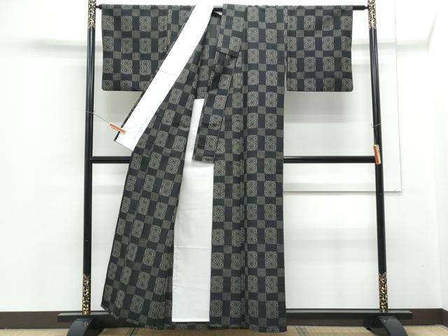 平和屋着物▽上質なお召 単衣 格子花文 黒地 正絹 逸品 CABG2459th