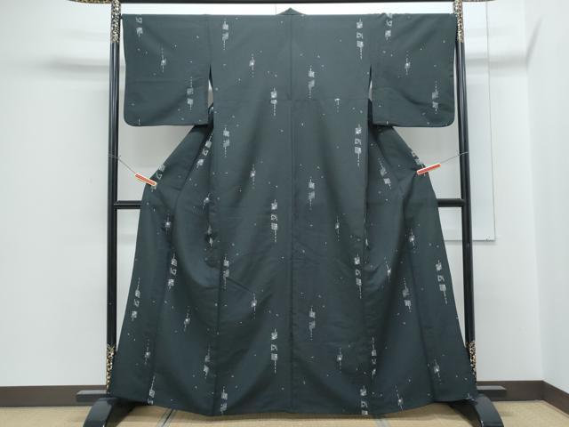 平和屋着物▽小紋 単衣 吉祥花文 黒地 洗える着物 CABG2509th