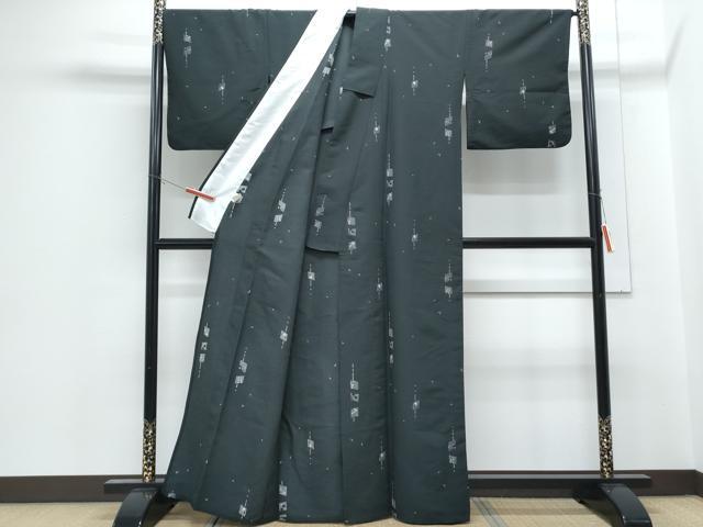 平和屋着物▽小紋 単衣 吉祥花文 黒地 洗える着物 CABG2509th