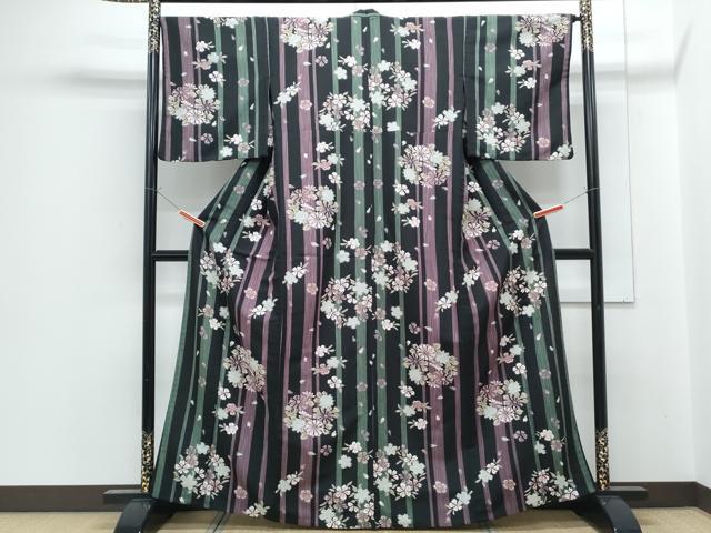 平和屋着物▽小紋 単衣 花丸文 黒地 洗える着物 CABG2524th