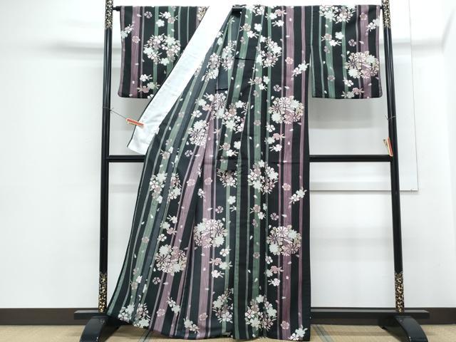 平和屋着物▽小紋 単衣 花丸文 黒地 洗える着物 CABG2524th