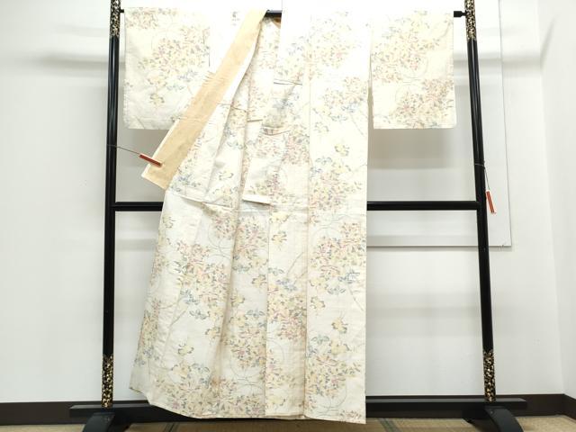 平和屋着物▽上質な紬 単衣 草花文 正絹 逸品 CABG2588th