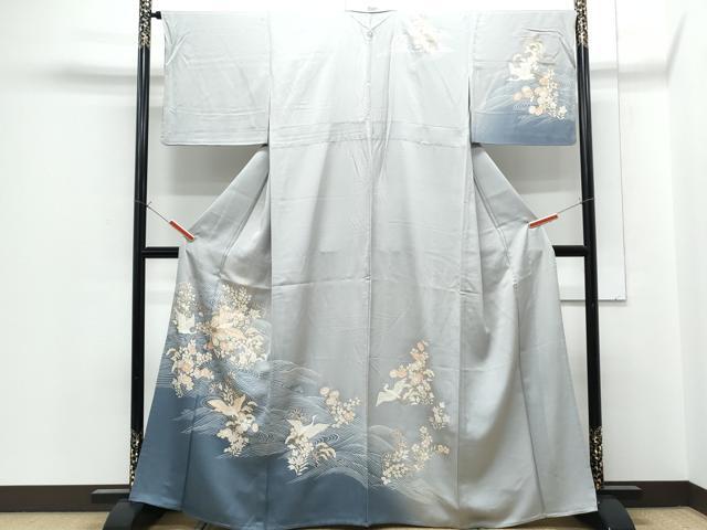 平和屋着物▽訪問着 単衣 駒刺繍 立波飛鶴花文 暈し染め 金彩 正絹 逸品 CABG2598th