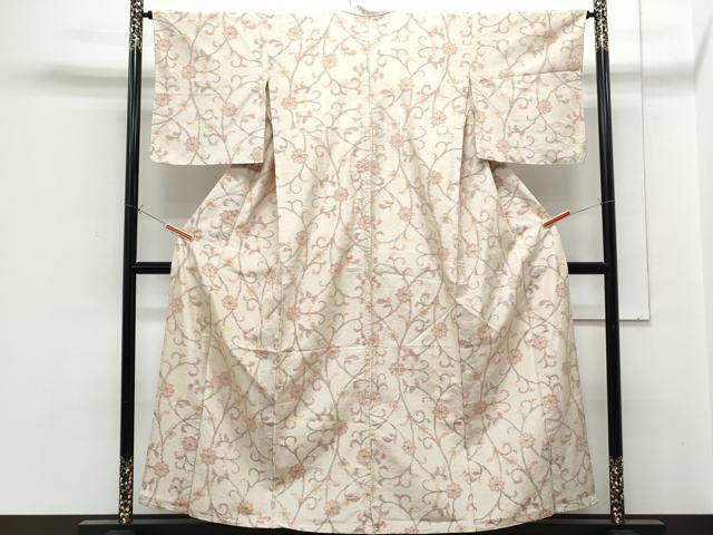 平和屋着物▽上質な紬 単衣 花唐草文 正絹 逸品 CABG2630th