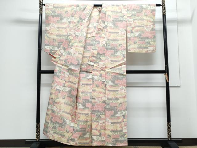 平和屋着物▽上質な紬 単衣 吉祥花文 正絹 逸品 CABG2668th