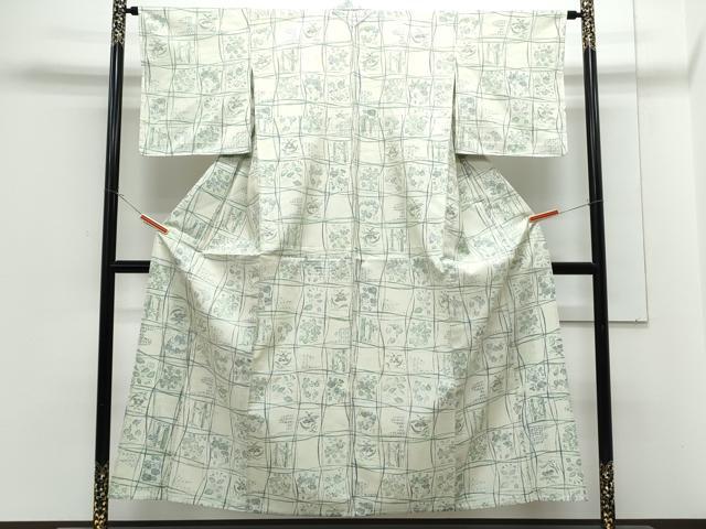 平和屋着物▽上質な小紋 単衣 紬地 格子草花文 正絹 逸品 CABG2677th