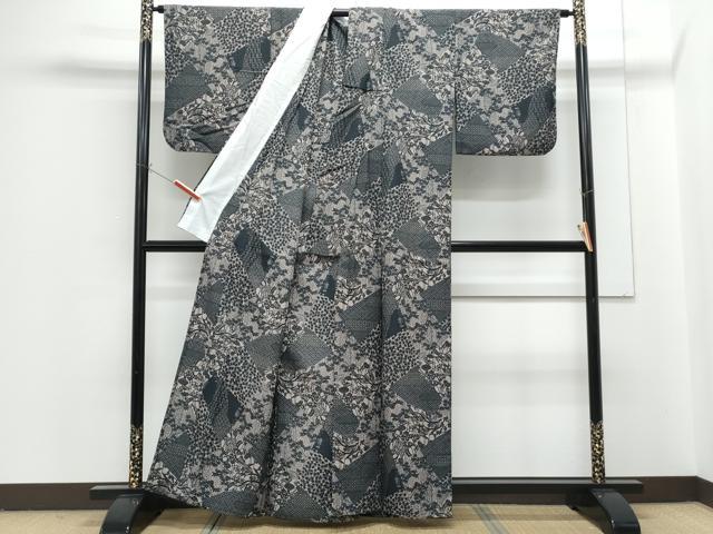平和屋着物▽小紋 単衣 型染め 切嵌草花文 洗える着物 CABG2715th