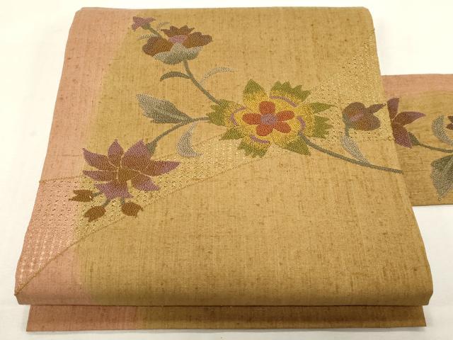 平和屋着物●中国三大刺繍 スワトウ刺繍 相良刺繍 総刺繍 九寸名古屋帯 更紗花文 正絹 逸品 未使用 CABG2801dy
