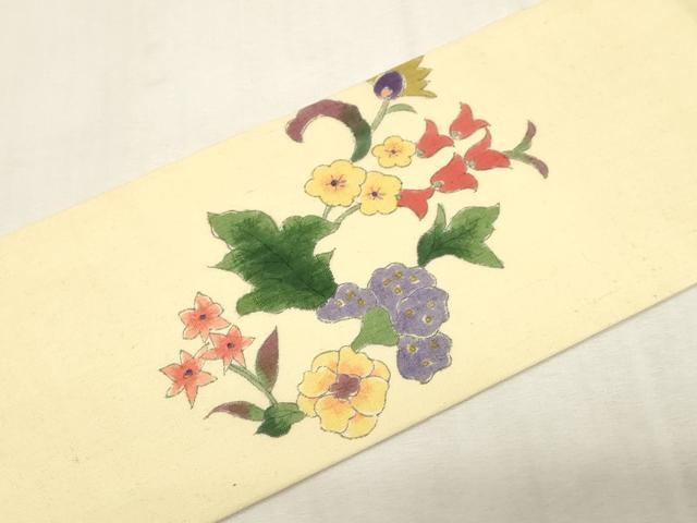 平和屋着物●九寸名古屋帯 紬地 草花文 正絹 逸品 未使用 CABG2806dy