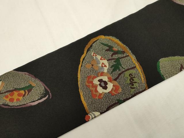 平和屋着物●九寸名古屋帯 草花文 黒地 正絹 逸品 CABG2810dy