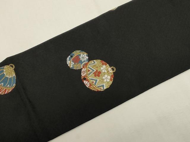 平和屋着物●九寸名古屋帯 唐織 鈴 黒地 金糸 正絹 逸品 CABG2811dy