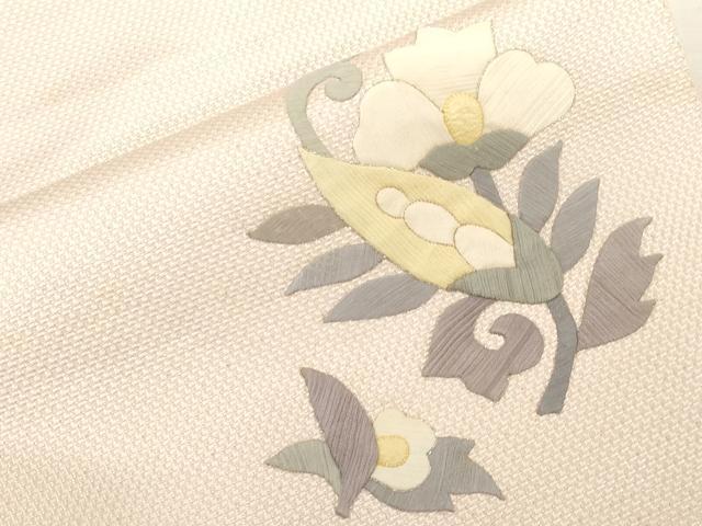平和屋着物●本場筑前博多織 八寸名古屋帯 作家物 パッチワーク 草花文 銀糸 正絹 逸品 CABG2812dy