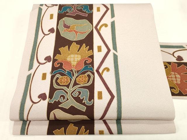 平和屋着物●全通柄九寸名古屋帯 花鳥文 正絹 逸品 未使用 CABG2818dy
