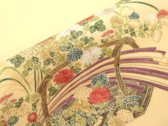 平和屋着物●塩瀬 九寸名古屋帯 駒刺繍 花籠文 金糸 正絹 逸品 CABG2824dy