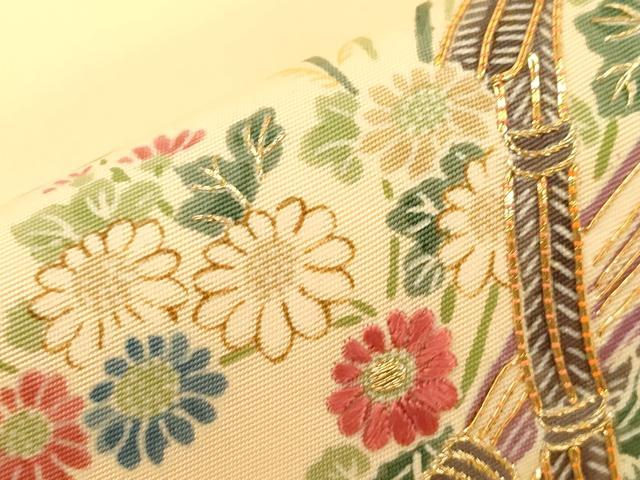 平和屋着物●塩瀬 九寸名古屋帯 駒刺繍 花籠文 金糸 正絹 逸品 CABG2824dy