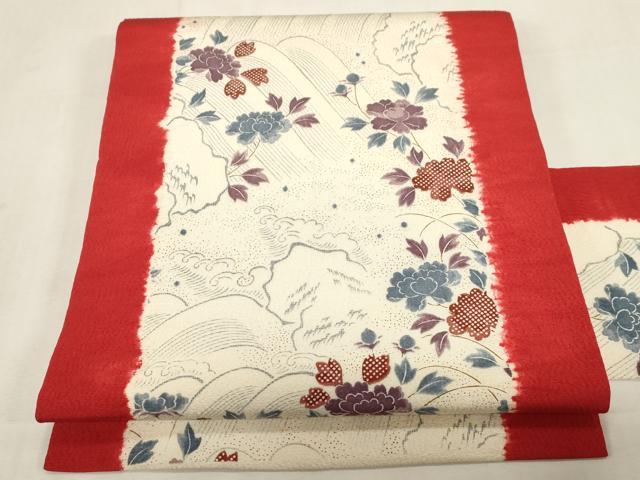 平和屋着物●摺型友禅 京都 多ち花 全通柄九寸名古屋帯 絞り 立波草花文 正絹 逸品 CABG2825dy