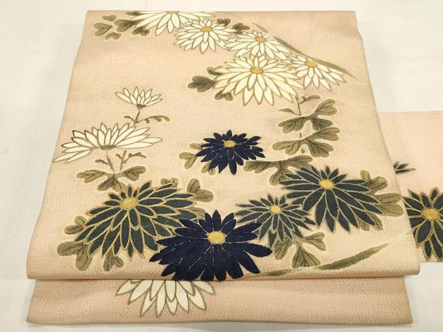 平和屋着物●九寸名古屋帯 手描き 駒刺繍 草花文 鬼しぼ縮緬 正絹 逸品 CABG2827dy