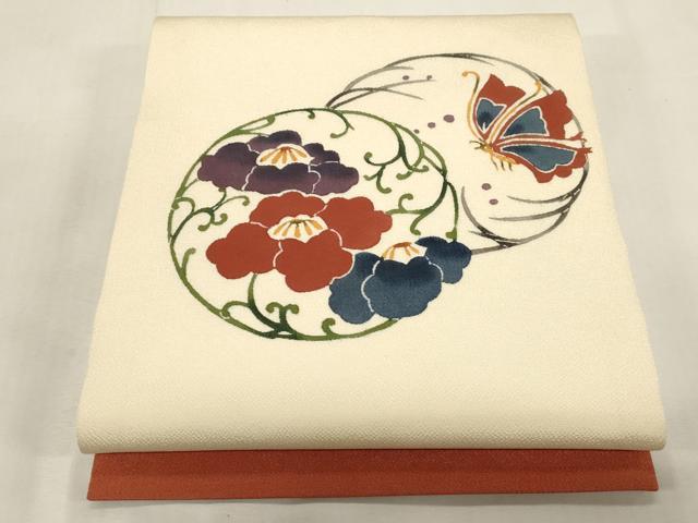 平和屋着物●九寸開き名古屋帯 型染め 花蝶丸文 鬼しぼ縮緬 正絹 逸品 CABG2839dy