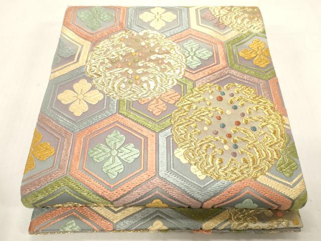 平和屋着物●唐織・西陣の老舗・名門・藤原織物 六通柄袋帯 唐織 亀甲花文 金糸 正絹 逸品 CABG2873dy