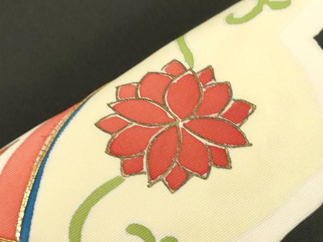 平和屋着物●塩瀬 九寸名古屋帯 駒刺繍 菱花文 黒地 金彩 正絹 逸品 CABG2906dy