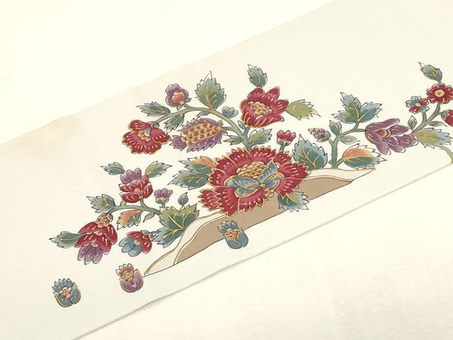 平和屋着物●塩瀬 九寸名古屋帯 手描き 更紗花鳥文 金彩 正絹 逸品 CABG2911dy