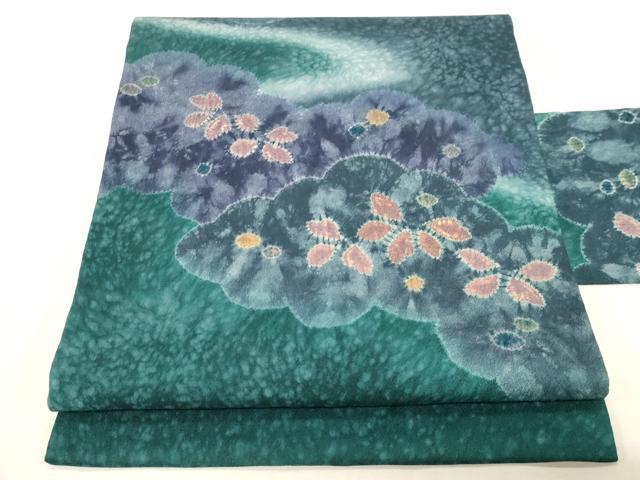 九寸名古屋帯(未使用品)正絹 未使用 型染め紬九寸名古屋帯（唐花文）長