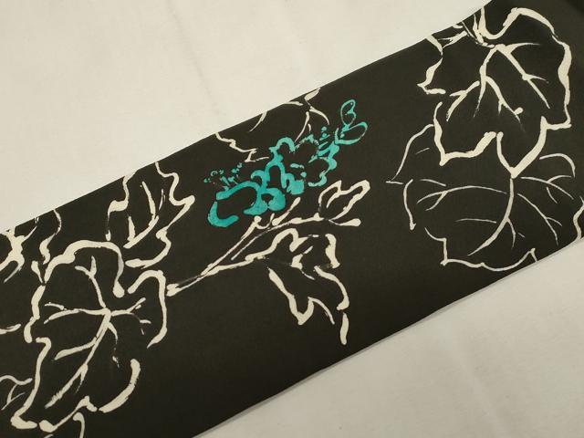 平和屋着物●全通柄九寸名古屋帯 ろうけつ染め 草木文 黒地 正絹 逸品 未使用 CABG2928dy