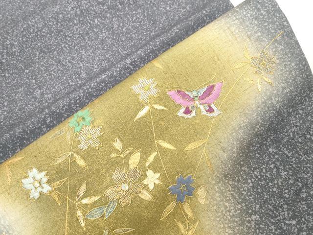 平和屋着物●太鼓柄袋帯 螺鈿 刺繍 花蝶文 金銀彩 正絹 逸品 未使用 CABG2969dy