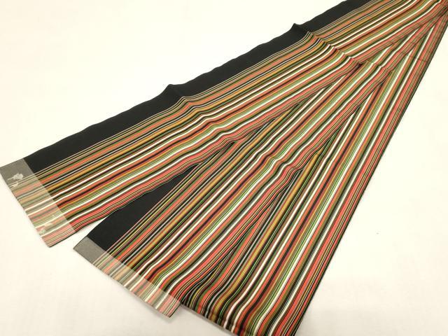 平和屋着物●本場筑前博多織 半幅帯 縞 黒地 正絹 逸品 CABG3002dy