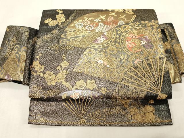 平和屋着物●つけ帯 扇面花鳥文 黒地 金銀糸 正絹 逸品 未使用 CABG3008dy