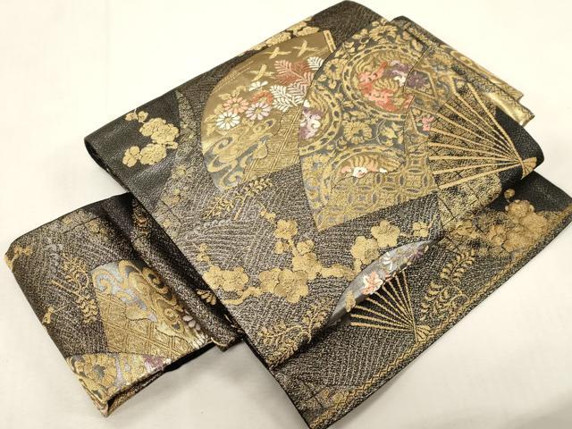 平和屋着物●つけ帯 扇面花鳥文 黒地 金銀糸 正絹 逸品 未使用 CABG3008dy