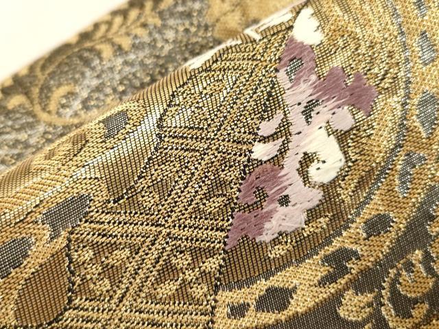 平和屋着物●つけ帯 扇面花鳥文 黒地 金銀糸 正絹 逸品 未使用 CABG3008dy