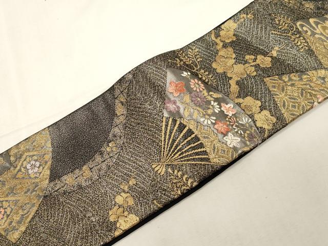 平和屋着物●つけ帯 扇面花鳥文 黒地 金銀糸 正絹 逸品 未使用 CABG3008dy