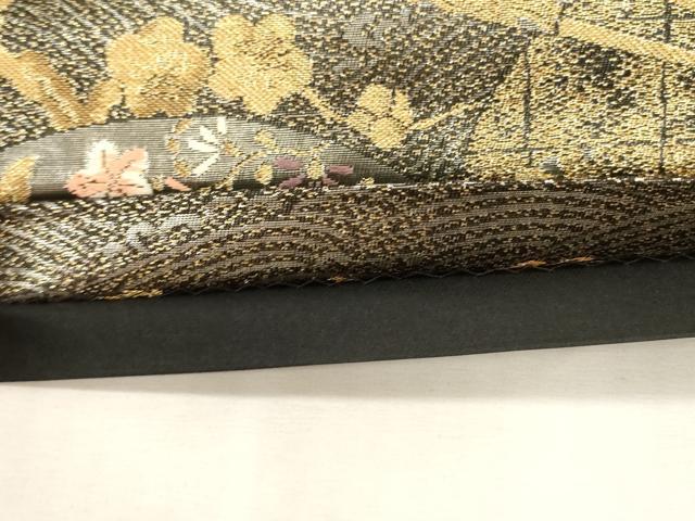 平和屋着物●つけ帯 扇面花鳥文 黒地 金銀糸 正絹 逸品 未使用 CABG3008dy