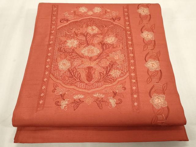 平和屋着物●中国三大刺繍 スワトウ刺繍 相良刺繍 総刺繍 太鼓柄袋帯 草花文 正絹 逸品 未使用 CABG3044dy